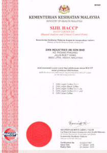 Certificado HACCP por parte del Ministerio de Salud de Malasia para su cumplimiento De los términos y condiciones para la implementación del sistema HACCP (Análisis de Peligros y Puntos Críticos de Control).