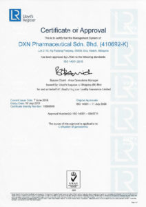 ISO 14001. Certificación de calidad conferida a DXN por cumplir os estándares de cuidado y conservación del medio ambiente en sus plantaciones de Ganoderma.